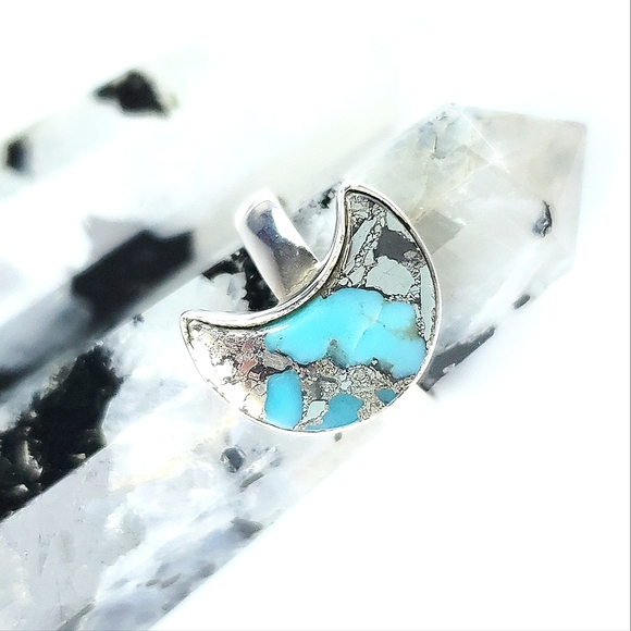Sterling Silver Turquoise and Pyrite Crescent Moon Ring Size 7 - Picture 6 of 16